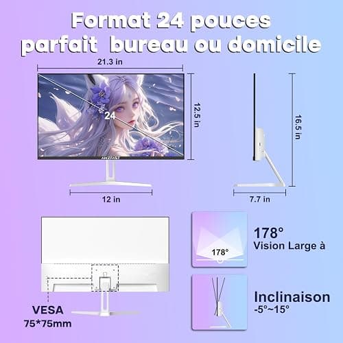 Amzfast Monitor da Gaming 24 Pollici - 200Hz, FHD 1920x1080, Fast IPS, 1ms MPRT, 80% DCI-P3, 110% sRGB, HDR, Anti-Luce Blu, Adaptive Sync, VESA 75x75, HDMI 2.0/DP 1.4, Bianco - AMZG24X1W thumbnail 9