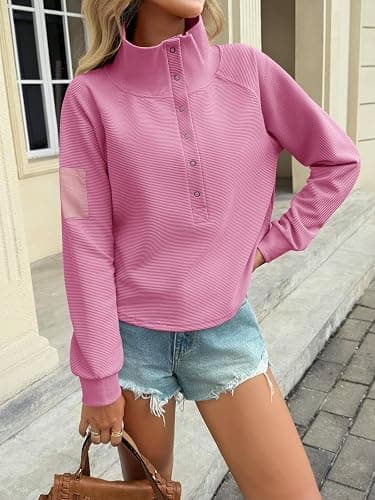 Fisoew Womens Cropped Sweatshirts Casual Henley Neck Snap Button Long Sleeve Ribbed Loose Fit Fall Crop Tops thumbnail 3