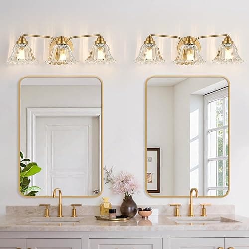 Meybiok Vintage Bathroom Light Fixtures, 3-Light Gold Vanity Light for Bathroom with Clear Flower Glass Shades, Vanity Lighting Fixtures Over Mirror (Exclude Bulb) thumbnail 6