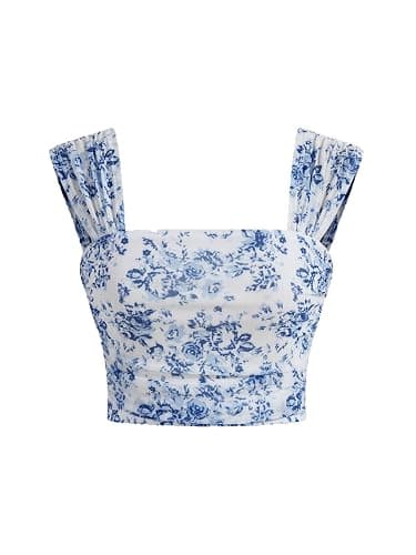 SHENHE Women's Floral Wide Strap Ruched Square Neck Cute Open Back Boho Crop Tank Top - X-Small - Multicolor - Image 1
