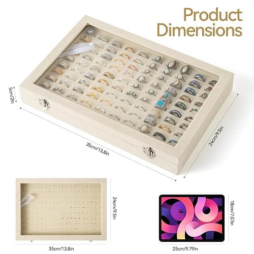 Frebeauty 100 Slots Ring Organizer Tray,Velvet Ring Box with Clear Lid | Velvet Lining Provides Protection,Fits Rings of Various Sizes,Glass Lid Jewelry Tray,for Personal Use and Ring Display thumbnail 3