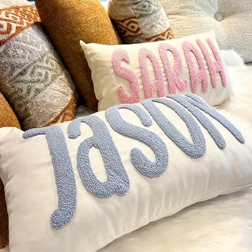 RunIncar Personalized Pillow Cover w/Initial, Monogram Pillow Custom Name, Home Office Decor Punch Needle Embroidered Custom Room Decor for Couple Gift Cushion, Customizable Size thumbnail 3