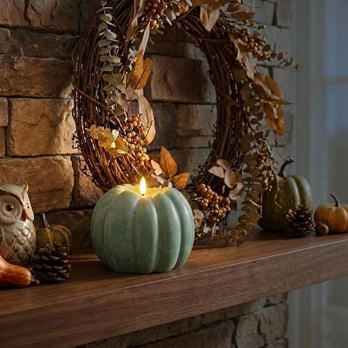 Sage Green Pumpkin Decor, Fall Decorations for Home - Sage Green Flameless Pumpkin Shaped Candle with Remote and Timer, LED Flickering Battery Operated Candle for Fall Decor, 5.31" W, 5.1" H thumbnail 7