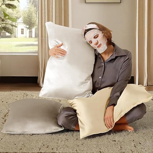 BHZ Satin Goose Down Feather Pillows Standard Size with Beige Satin Pillowcase for Hair and Skin, Cooling Pillow Cases Similar to Silk Pillow Cases, Decorative for Women, Mom Men thumbnail 2