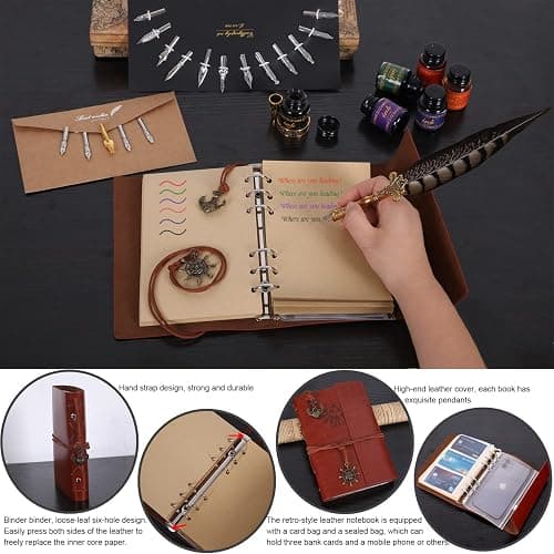 Vintage Pheasant Quill Pen Ink Set,Feather Dip Pen Set with Classic Spiral Bound Leather Notebook,Beginners Glass Dip Pen Wood Calligraphy Pen Craft Decoration Pen,Best Gift Kit for Writing,Drawing thumbnail 3