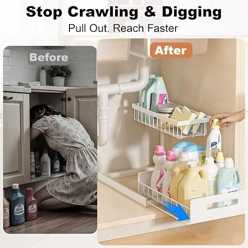REALINN Under Sink Organizer, Pull Out Cabinet Organizer, 2 Tier Metal Slide Out Shelf with L Shaped Design for Kitchen, Bathroom, Laundry, and Utility Cabinet Storage for Deep Cabinets, White, 2 Pack thumbnail 4