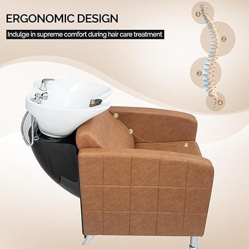 OmySalon Salon Shampoo Bowl and Chair, Shampoo Chair Extra Wide Seat & Porcelain Hair Washing Sink, Shampoo Unit for Beauty Spa Barbershop, Brown thumbnail 7