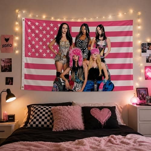 QTXORY Pink Flag Tapestry, 3x5 FT Polyester Wall Hanging Single-Side Print Poster for Room Decor, Outdoor, Bedroom, Events, Festivals, Parties gifts For Katseye fans thumbnail 3