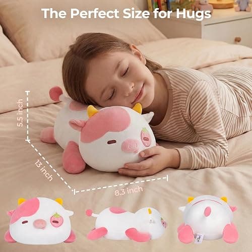 Mewaii Strawberry Cow Plush Pillow Cute Plushies, Squishy & Huggable, 13 in | Cuddly Cow Stuffed Animal Pillow, Low-Shedding, PP Cotton Fill, Machine Washable, Desk Decor, Gift For Kids & Cow Lovers thumbnail 4