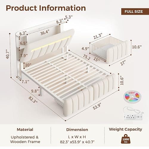 Jocoevol Full Size Bed Frame with Storage Headboard,Upholstered White Bed Frame Full with Storage Drawers and Charging Station,Velvet Platform Metal Bed, Noise-Free No Box Spring Needed thumbnail 2