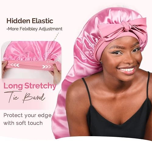 YANIBEST Long Bonnet Satin Bonnet for Sleeping Braid Bonnet with Tie Band Silk Sleep Bonnet for Women Locs Pink thumbnail 3