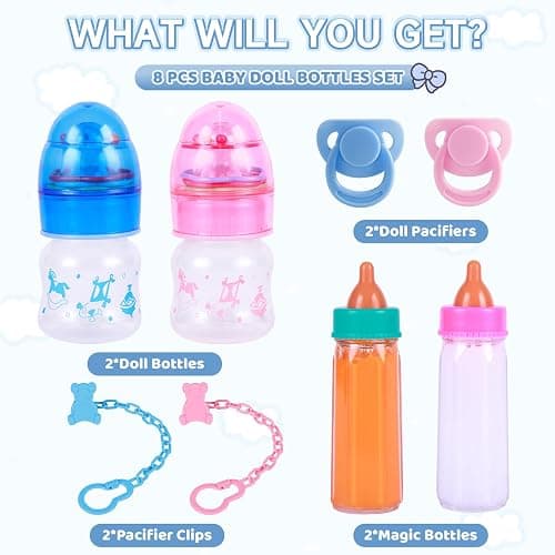 BABESIDE Baby Doll Bottles with Disappearing Milk and Juice Magic Bottles, Magnetic Pacifiers and Pacifier Clips Chain for Reborn Baby Dolls Girls & Boys, 8 Pcs Baby Doll Accessories Set thumbnail 4