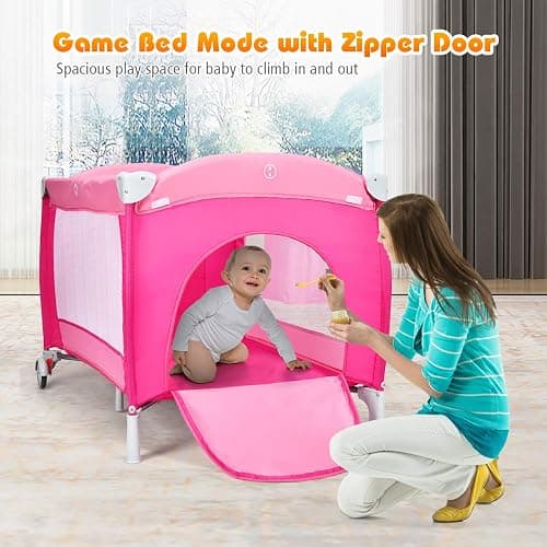 Costzon 4 in 1 Pink Pack and Play with Bassinet, Portable Baby Playard with Adjustable Canopy, Side Zipper Entrance, Music Box, Wheels/Brake, Foldable Infant Pink Bassinet for Baby Girl Toddlers thumbnail 8