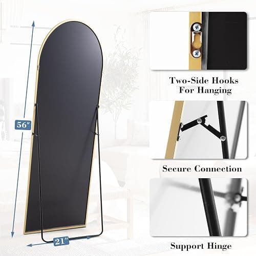 DUMOS Arched Full Length Mirror with Stand Floor Standing Aluminum Frame for Bedroom Body Hanging Leaning Modern Simple Home Decor Shatter-Proorf Nano Glass Wall Living Room Cloakroom Gold 56"x15" thumbnail 2