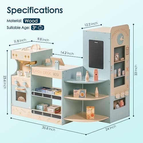 ROBUD Grocery Store Playset, Kids Play Store, Wooden Supermarket Playset with Cash Register, Chalkboard, Vending Machine, Coffee Machine, Oven, Play Food Accessories, Gift for Boys Girls 3+ thumbnail 2