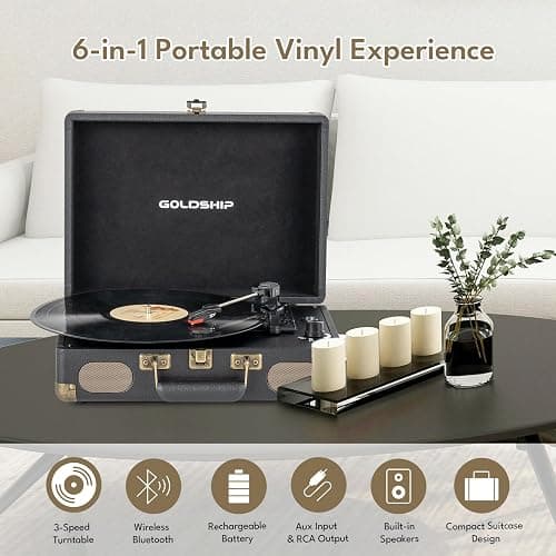 Vinyl Record Player 3-Speed Bluetooth Portable Turntable with USB Playback, Rechargeable Battery, Retro Suitcase Design, Aux in/RCA Line Out & Headphone Jack thumbnail 2