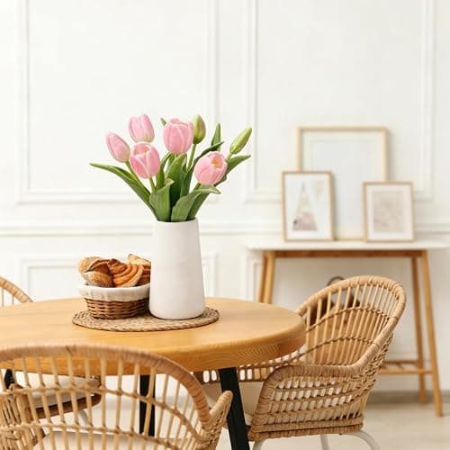 Wenhuidr Light Pink Lifelike Artificial Tulips with Ceramic Vase, Soft-Touch Latex Fake Flowers Arrangement for Wedding Centerpieces, Modern Farmhouse Home & Office Table Party Room Decor thumbnail 9