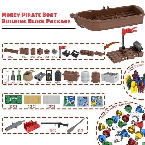 LANMANUO 221 PCS Money Bank Building Block, Pirate Ships Maps Treasure Chest City 100 Dollar Jewel Gems Diamonds Gold Bar Coins Bricks Pieces, Crystals Bill Cash Parts Sets thumbnail 4
