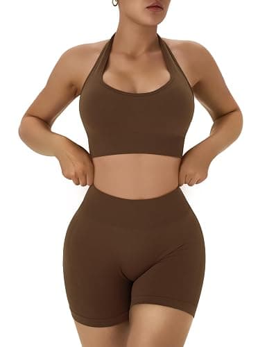 OLCHEE Workout Sets for Women 2 Piece Backless Halter Sports Bra High Waist Booty Shorts Yoga Gym Outfits Lounge Activewear thumbnail 4