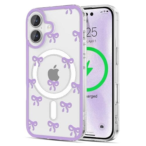 EYZUTAK Magnetic Case for iPhone 17, Compatible with MagSafe, Clear Cute Ribbon Bowknot Pattern Aesthetic Bow Phone Case Stylish Slim Anti-Yellowing Durable PC Protective Cover for Women Girls- Purple - Image 1