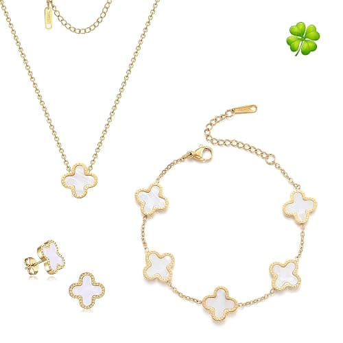 TICVRSS Lucky Clover Sets, 18K Gold Plated Four Leaf Bracelet, Necklace Pendant, Earrings for Women Flower Link Bracelets Set Jewelry Gifts for Women - Image 1