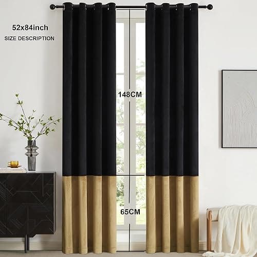 BULBUL Black Gold Color Block Window Curtains Panels 84 inches Long Velvet Farmhouse Drapes for Bedroom Living Room Darkening Treatment with Grommet Set of Black Gold thumbnail 6