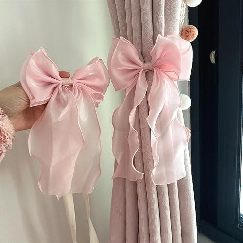 2 Pack French Silky Bow Curtain Tiebacks, Elegant Lace Ribbon for Curtains Decorative Rope Accessories Home Décor (Pink,2) thumbnail 2