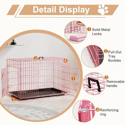 FDW Dog Crate 36inch Dog Cage Foldable Metal Kennel with Leakproof Tray Foldable Design Indoor Outdoor Use for Medium Dogs,Pink thumbnail 3