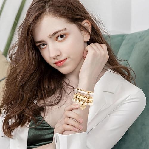 GOOJIDS Surfer Heishi Clay Bead Bracelets for Women Bohemian Stackable Gold Plated Beaded Stretch Bracelets Elastic Layering Friendship Bracelets Set Boho Jewelry thumbnail 6