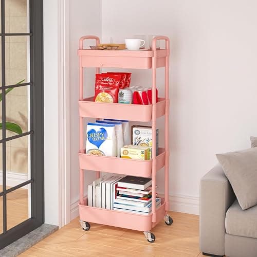 Calmootey 4-Tier Rolling Utility Cart with Drawer,Multifunctional Storage Organizer with Plastic Shelf & Metal Wheel,Storage Cart for Kitchen,Bathroom,Living Room,Office,Pink thumbnail 5