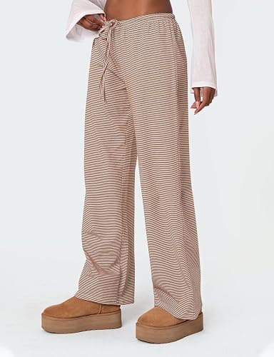Ugerlov Women's Wide Leg Striped Pants Casual Drawstring Elastic Low Rise Pajama Pants Lounge Wear Trousers thumbnail 2