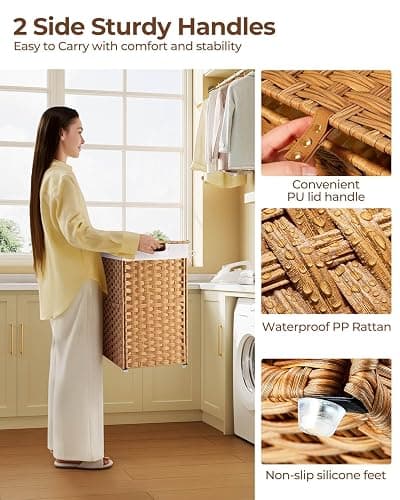 Greenstell Laundry Hamper with lid, No Install Needed, 110L Wicker Laundry Baskets Foldable 2 Removable Liner Bags, 2 Section Clothes Hamper Handwoven Rattan Laundry Basket with Handles, Natural thumbnail 5