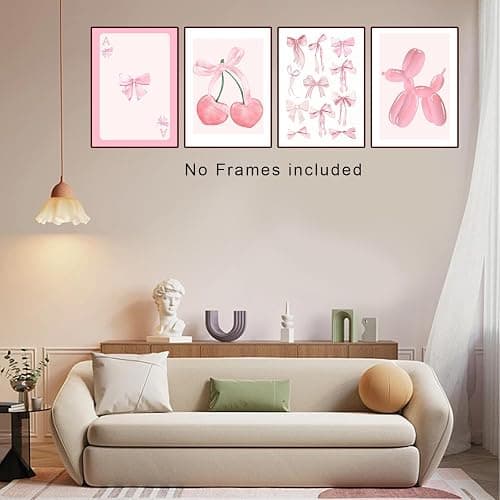 L0famy Preppy Prints Room Decor, Pink Bow Cherry Disco Ball Poster Wall Decor, Cute Balloon Dog Posters, Girls Bedroom Decoration Pink Photos For Bedrooms Dorm 8x10in Unframed thumbnail 2