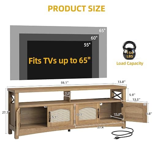 DWVO Farmhouse TV Stand for 65 inch TVs, LED Entertainment Center with Storage, TV Console with Power Outlets, Wooden Bar Coffee TV Table with Shelves for Living Room (Oak) thumbnail 2