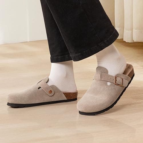 IIITHREE Women's Suede Clogs Cork Footbed Clogs for Women Soft Leather Adjustable Buckle Slip-on Potato Shoes Sandals thumbnail 2