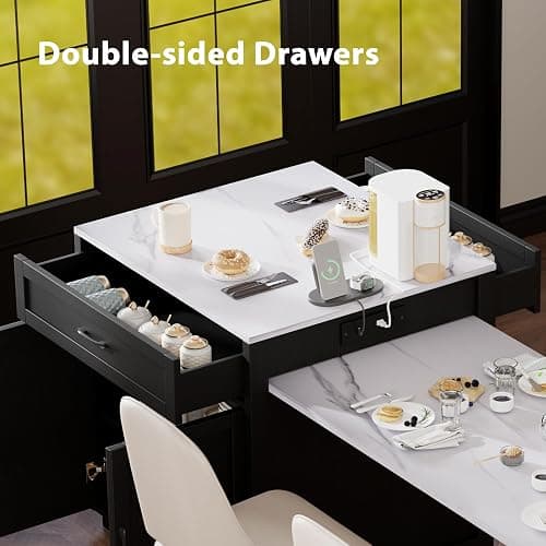 Merax 82.7" Kitchen Island with Extendable Dining Table for 4-6, Rolling Mobile Center Islands with Storage, Charging Station, 2 Drawers 2 Side Open Shelves, Black thumbnail 6