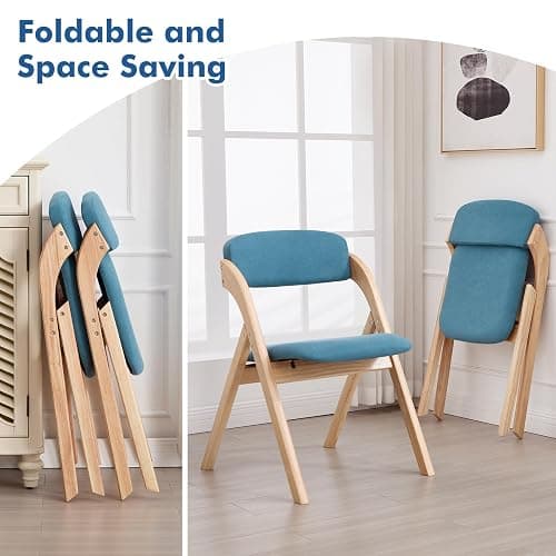 YUUIJOAA 4-Pack Folding Chairs with Cushion, Linen Padded Foldable Dining Chairs, Portable Raw Wooden Folding Chairs for Dining Rooms Parties Offices Indoor Outdoor Blue thumbnail 5