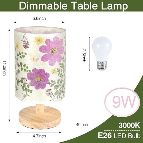 Floresita Dried Flowers Small Table Lamp 9W LED Dimmable Warm Light Pressed Flower Bedside Lamp Linen Shade with Wood Base for Bedroom Living Room Desk Nursery thumbnail 4