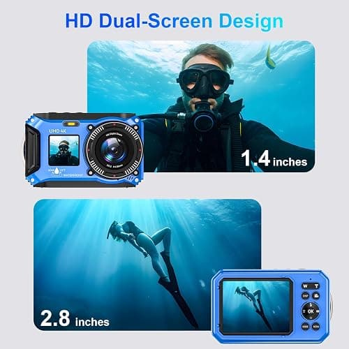 4K Underwater Camera 33FT Waterproof Camera for Snorkeling with 32GB Card Dual-Screen Compact Dustproof Floatable Autofocus UHD 64MP Point and Shoot Digital Camera 1500mAh Battery thumbnail 4