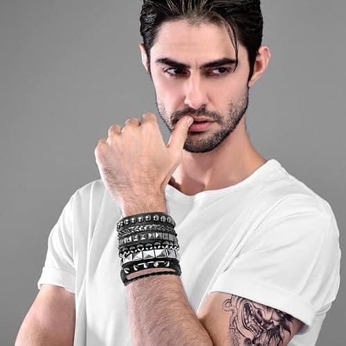 Ulekuke 4 Pcs Punk Rock Leather Studded Bracelets for Men Women 80s Gothic Spike Cuff Bracelet Set Emo Accessories for Rocker Outfits thumbnail 2