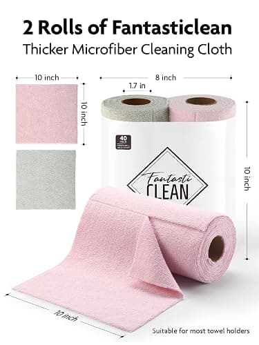 Fantasticlean Tear-Away Dish Cloth - 40 Sheets - 10'' by 10'', Reusable Washable Kitchen Towel Rolls, Super Absorbent and Thick Microfiber Cleaning Cloths (2 Rolls of Pink and Grayish) thumbnail 2