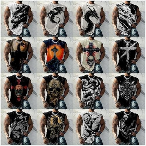 Sleeveless Gym Shirt Men Punk Rock Graphic Men's Workout Tank Top Crew Neck Biker Shirts for Men Muscle Shirts for Men thumbnail 3