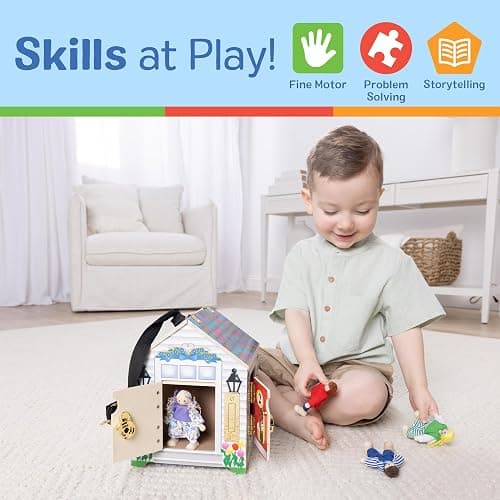 Melissa & Doug Take-Along Wooden Doorbell Dollhouse - Doorbell Sounds, Keys, 4 Poseable Wooden Dolls Portable Doll House, Doorbell House for Kids Ages 3+ thumbnail 6