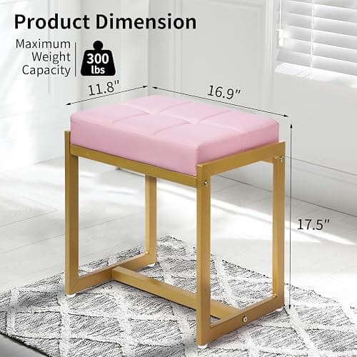 FLYZC Vanity Stool, Pink Small Vanity Stools Chair, Square Cushion Makeup Chairs for Vanity, Metal Foot Stool Ottoman Seat for Bedroom Makeup Living Room, Pink & Gold - Pink & Gold thumbnail 2