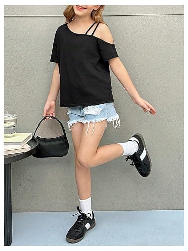 RoseSeek Girl's Y2k Off The Shoulder Tops Loose Summer T Shirt Trendy | Short Sleeve, Cold Shoulder, Trendy Casual Style, Preppy Aesthetic, Size 10-12, Cute Clothes thumbnail 4