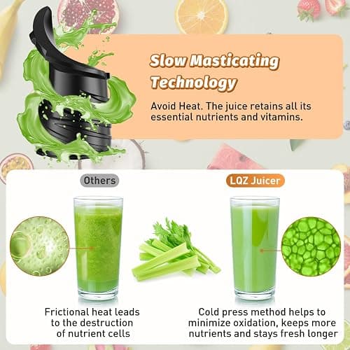 Cold Press Juicer, Juicer Machines with 5.4" Wide Feed Chute for Juice Extractor, Professional Slow Masticating Juicer for Whole Vegetables & Fruits with High Juice Yield, Easy to Clean (Black) thumbnail 5