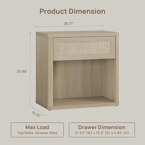 SICOTAS Night Stand Set of 2 26" Wide Large Nightstands with Drawer & Shelf Storage Rattan Bedside Table Boho End Table Tall Bed Side Tables Night Stands for Bedroom Living Room Sofa Office, Sand Oak thumbnail 3