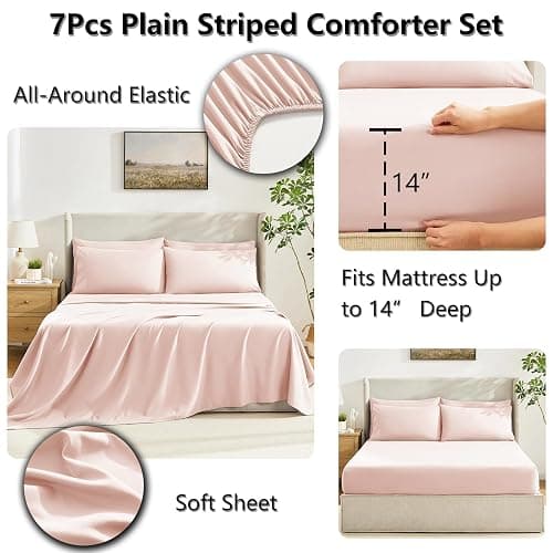 CozyLux Queen Comforter Set Blush Pink, 7 Pieces Bed in a Bag, Pink Comforters Queen Size, All Season Bedding Sets with Stitch Quilted Comforter, Flat Sheet, Fitted Sheet, Pillowcases thumbnail 5