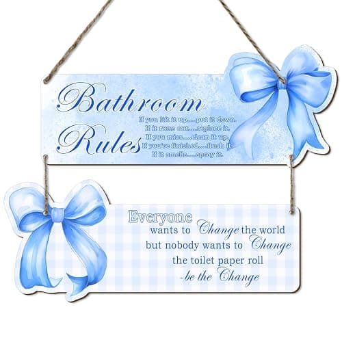 MUZRUYOU Blue Bathroom Signs, Blue Bow Wooden Bathroom Wall Hanging, Fun Rustic Decor for Girls' Rooms, Teen Bedroom Decor, Gifts for Daughters and Besties - Image 1