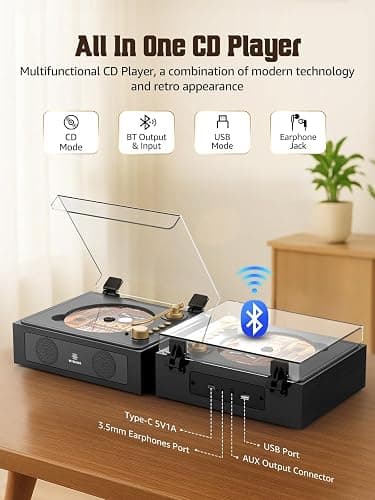 CD Player with Built-in Speakers Bluetooth CD Players for Home Nostalgic Desktop CD Players Music Box Player with Stereo Sound thumbnail 4